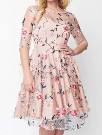 ヴィンテージドレス ジュエルネック 刺繍 1950年代 オードリー ヘップバーン スタイル 長袖 ミディアム ピンク スイングドレス