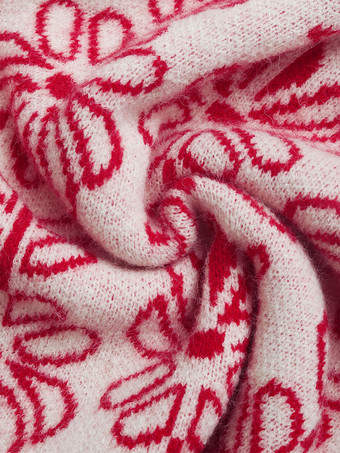 女性用プルオーバー レッドプリント ジュエルネック 長袖 アクリルセーター