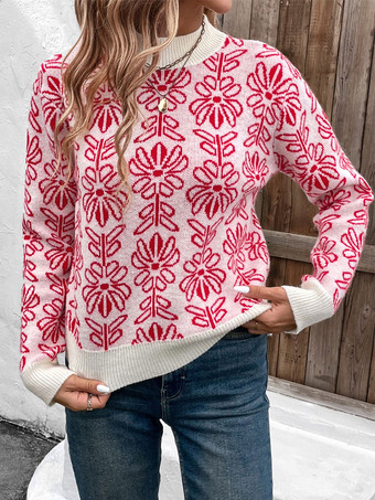 女性用プルオーバー レッドプリント ジュエルネック 長袖 アクリルセーター