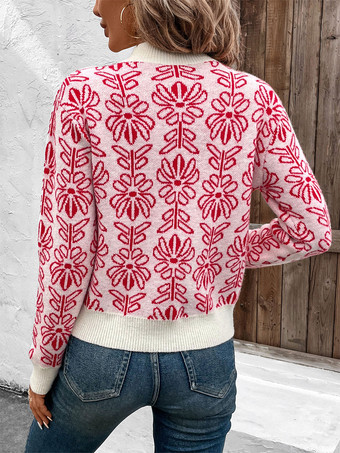 女性用プルオーバー レッドプリント ジュエルネック 長袖 アクリルセーター