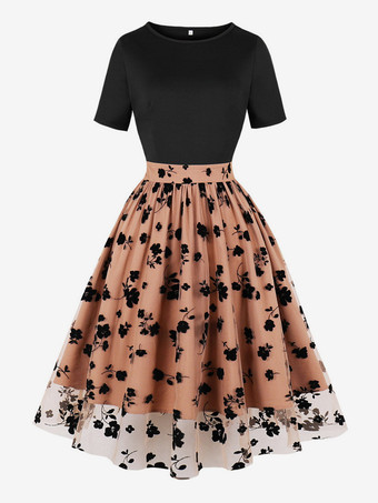 ライトブラウンヴィンテージドレス 1950年代 オードリー ヘップバーン スタイル ジュエルネック 刺繍入り 半袖 ツートン ミディアム アプリコット ロカビリー ドレス