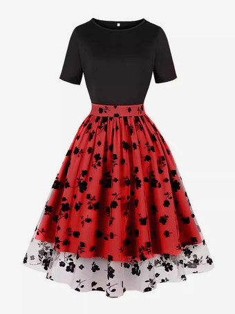 レッド ヴィンテージドレス 1950年代 オードリー ヘップバーン スタイル ジュエルネック 刺繍入り 半袖 ツートン ミディアム アプリコット ロカビリー ドレス