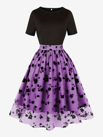 パープル ヴィンテージドレス 1950年代 オードリー ヘップバーン スタイル ジュエルネック 刺繍入り 半袖 ツートン ミディアム アプリコット ロカビリー ドレス