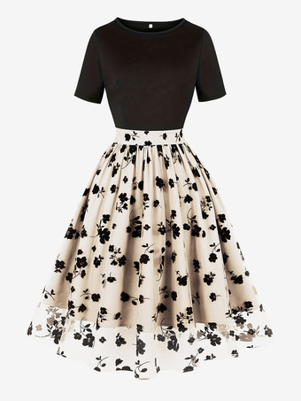 アプリコットヴィンテージドレス 1950年代 オードリー ヘップバーン スタイル ジュエルネック 刺繍入り 半袖 ツートン ミディアム アプリコット ロカビリー ドレス