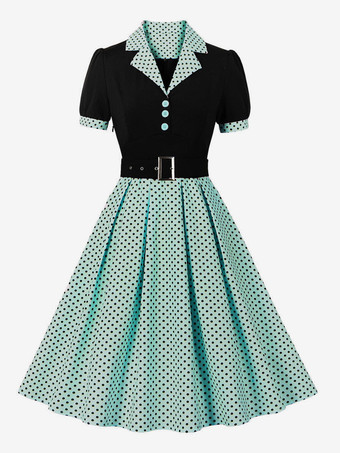 ライトグリーン レトロドレス ターンダウンカラー サッシュ 1950 年代 オードリー ヘップバーン スタイル 半袖 水玉模様 ミディアム ライト ピンク ロカビリー ドレス
