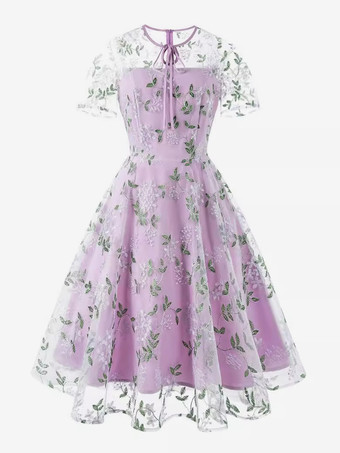 LavandaVestido retro con escote joya estilo Audrey Hepburn de los años 50 bordado transparente mangas cortas vestido rockabilly rosa mediano