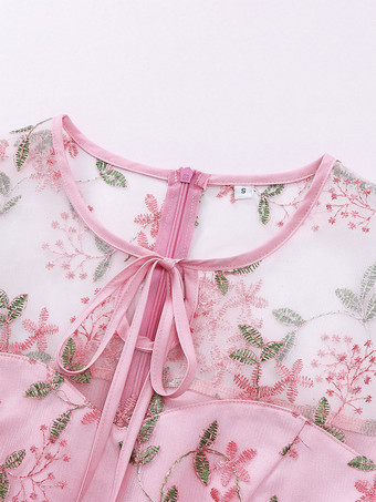 Vestido retro con escote joya estilo Audrey Hepburn de los años 50 bordado transparente mangas cortas vestido rockabilly rosa mediano