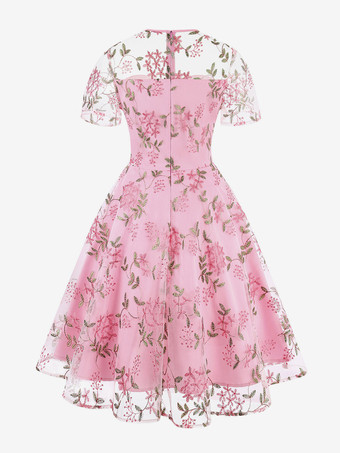 Vestido retro con escote joya estilo Audrey Hepburn de los años 50 bordado transparente mangas cortas vestido rockabilly rosa mediano