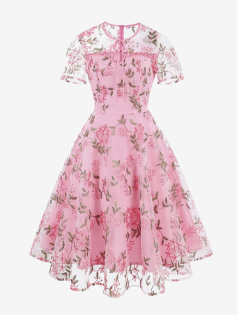 RosaVestido retro con escote joya estilo Audrey Hepburn de los años 50 bordado transparente mangas cortas vestido rockabilly rosa mediano