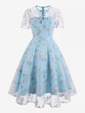 Azul celeste claroVestido retro con escote joya estilo Audrey Hepburn de los años 50 bordado transparente mangas cortas vestido rockabilly rosa mediano
