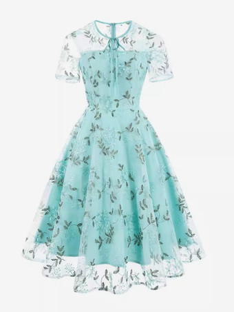 verde claro Vestido retro con escote joya estilo Audrey Hepburn de los años 50 bordado transparente mangas cortas vestido rockabilly rosa mediano