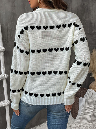 レディース プルオーバー ホワイト ツートン ジュエルネック 長袖 アクリル セーター