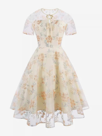 color albaricoque Vestido retro con escote joya estilo Audrey Hepburn de los años 50 bordado transparente mangas cortas vestido rockabilly rosa mediano