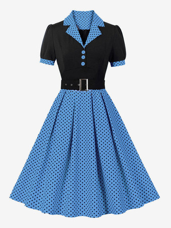 ライトスカイブルーレトロドレス ターンダウンカラー サッシュ 1950 年代 オードリー ヘップバーン スタイル 半袖 水玉模様 ミディアム ライト ピンク ロカビリー ドレス