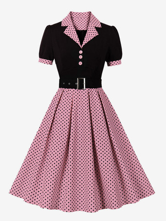 ローズレッドレトロドレス ターンダウンカラー サッシュ 1950 年代 オードリー ヘップバーン スタイル 半袖 水玉模様 ミディアム ライト ピンク ロカビリー ドレス