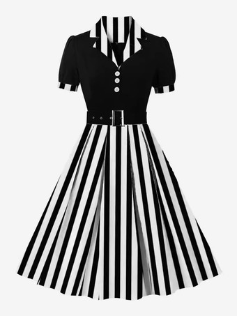 ホワイト レトロドレス ターンダウンカラー サッシュ 1950 年代 オードリー ヘップバーン スタイル 半袖 水玉模様 ミディアム ライト ピンク ロカビリー ドレス