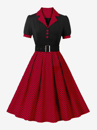 レッド レトロドレス ターンダウンカラー サッシュ 1950 年代 オードリー ヘップバーン スタイル 半袖 水玉模様 ミディアム ライト ピンク ロカビリー ドレス