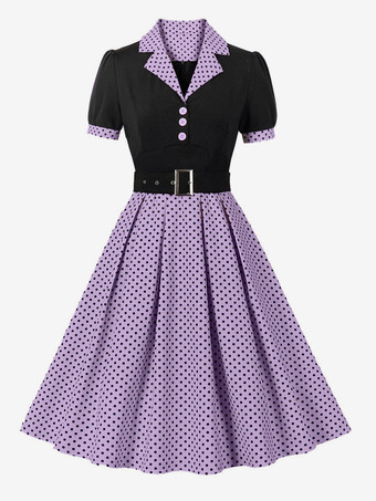 ラベンダーレトロドレス ターンダウンカラー サッシュ 1950 年代 オードリー ヘップバーン スタイル 半袖 水玉模様 ミディアム ライト ピンク ロカビリー ドレス