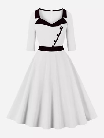 ホワイト レトロドレス ターンダウンカラー 1950年代 オードリー ヘップバーン スタイル ボタン ハーフスリーブ ツートン ミディアム ホワイト ロカビリードレス
