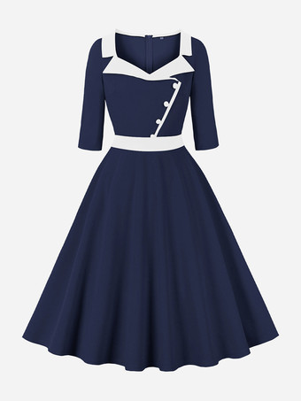 ダークネイビーレトロドレス ターンダウンカラー 1950年代 オードリー ヘップバーン スタイル ボタン ハーフスリーブ ツートン ミディアム ホワイト ロカビリードレス