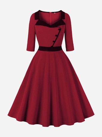 ワインレッド レトロドレス ターンダウンカラー 1950年代 オードリー ヘップバーン スタイル ボタン ハーフスリーブ ツートン ミディアム ホワイト ロカビリードレス