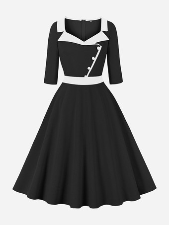 ブラック レトロドレス ターンダウンカラー 1950年代 オードリー ヘップバーン スタイル ボタン ハーフスリーブ ツートン ミディアム ホワイト ロカビリードレス