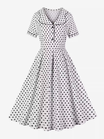 ホワイト ヴィンテージドレス 1950年代 オードリー ヘップバーン スタイル ライトスカイブルー 水玉 ボタン 半袖 ターンダウンカラー ミディアム スイングドレス