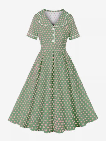 パステルグリーンヴィンテージドレス 1950年代 オードリー ヘップバーン スタイル ライトスカイブルー 水玉 ボタン 半袖 ターンダウンカラー ミディアム スイングドレス