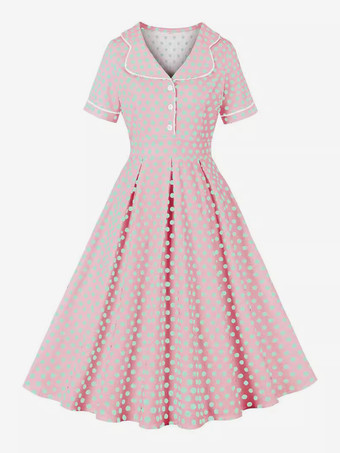 ピンクヴィンテージドレス 1950年代 オードリー ヘップバーン スタイル ライトスカイブルー 水玉 ボタン 半袖 ターンダウンカラー ミディアム スイングドレス