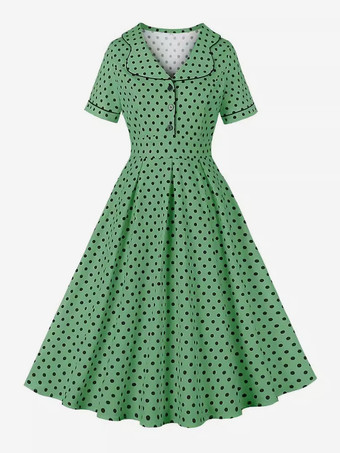 グリーン ヴィンテージドレス 1950年代 オードリー ヘップバーン スタイル ライトスカイブルー 水玉 ボタン 半袖 ターンダウンカラー ミディアム スイングドレス