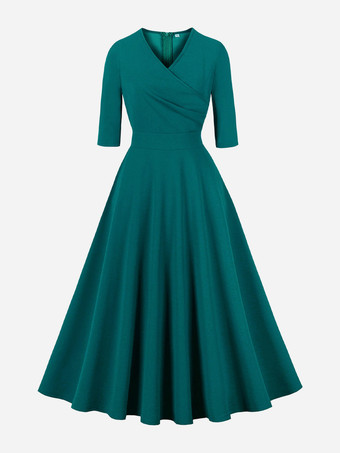 verde Vestido retro verde estilo Audrey Hepburn de los años 50 con lazos irregulares mangas cortas y escote en V vestido rockabilly mediano