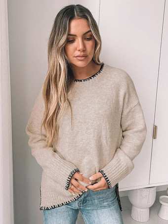 ラクダ色 レディース プルオーバー セーター キャメル ツートン ジュエルネック 長袖 アクリル セーター