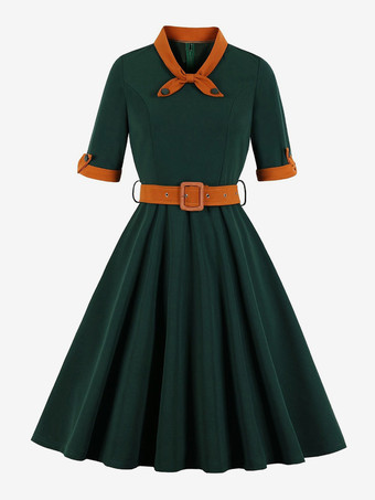 ダークグリーンヴィンテージドレス 1950年代 オードリー ヘップバーン スタイル イエロー ツートン リボン 半袖 装飾襟 ミディアム スイング ドレス