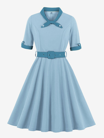 ライトスカイブルーヴィンテージドレス 1950年代 オードリー ヘップバーン スタイル イエロー ツートン リボン 半袖 装飾襟 ミディアム スイング ドレス