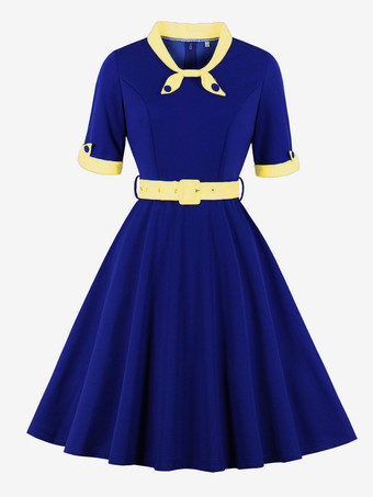 ベージュヴィンテージドレス 1950年代 オードリー ヘップバーン スタイル イエロー ツートン リボン 半袖 装飾襟 ミディアム スイング ドレス