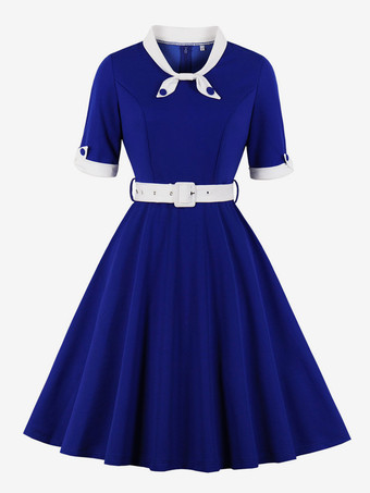 ダークネイビーヴィンテージドレス 1950年代 オードリー ヘップバーン スタイル イエロー ツートン リボン 半袖 装飾襟 ミディアム スイング ドレス