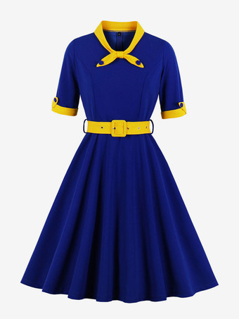 イエローヴィンテージドレス 1950年代 オードリー ヘップバーン スタイル イエロー ツートン リボン 半袖 装飾襟 ミディアム スイング ドレス