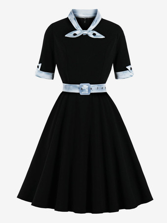 ブラック ヴィンテージドレス 1950年代 オードリー ヘップバーン スタイル イエロー ツートン リボン 半袖 装飾襟 ミディアム スイング ドレス