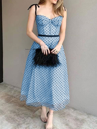 ヴィンテージドレス 1950年代 オードリー ヘップバーン スタイル ライトスカイブルー ツートン サッシュ ノースリーブ ストラップ ネック ミディアム ロカビリー ドレス