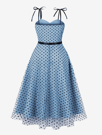 ヴィンテージドレス 1950年代 オードリー ヘップバーン スタイル ライトスカイブルー ツートン サッシュ ノースリーブ ストラップ ネック ミディアム ロカビリー ドレス