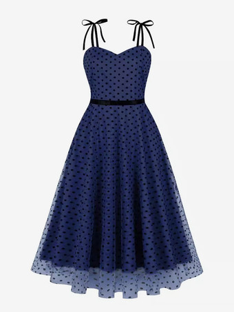 ダークネイビーヴィンテージドレス 1950年代 オードリー ヘップバーン スタイル ライトスカイブルー ツートン サッシュ ノースリーブ ストラップ ネック ミディアム ロカビリー ドレス