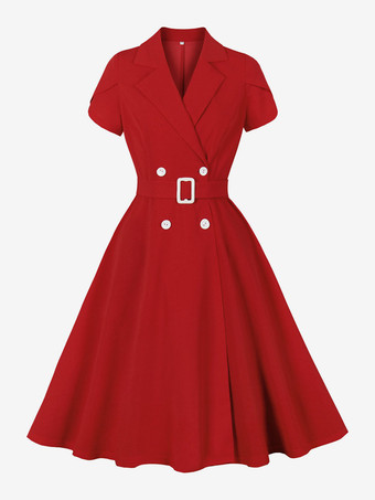 レッド レトロドレス ターンダウンカラー サッシュ 1950 年代 オードリー ヘプバーン スタイル 半袖 ツートン ミディアム レッド ロカビリー ドレス