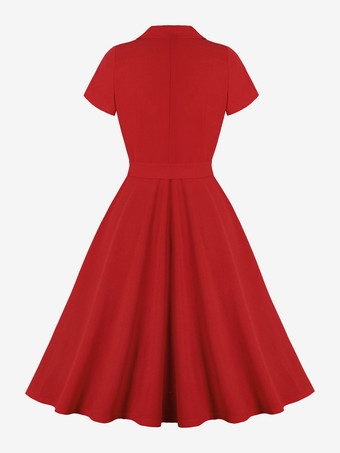 レトロドレス ターンダウンカラー サッシュ 1950 年代 オードリー ヘプバーン スタイル 半袖 ツートン ミディアム レッド ロカビリー ドレス