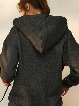 女性用パーカー グレー 長袖 レースアップ コットン フード付き スウェットシャツ