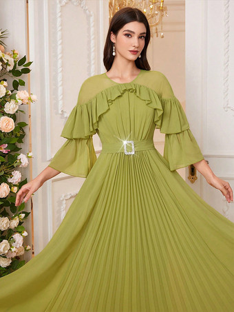 Robe de soirée verte gazon col bijou volants manches longues robe semi-formelle transparente