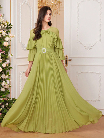 Vert gazonRobe de soirée verte gazon col bijou volants manches longues robe semi-formelle transparente
