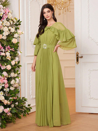 Robe de soirée verte gazon col bijou volants manches longues robe semi-formelle transparente