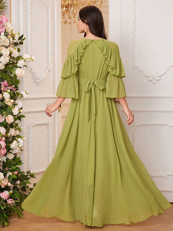 Robe de soirée verte gazon col bijou volants manches longues robe semi-formelle transparente