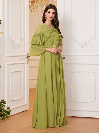 Robe de soirée verte gazon col bijou volants manches longues robe semi-formelle transparente