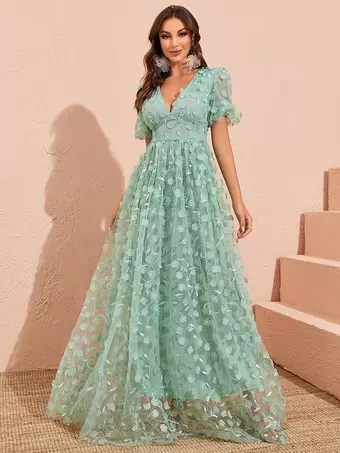 Party Dresses Light Green V-Neck Embroidered Short Sleeves Semi Formal Dress  - Milanoo.com